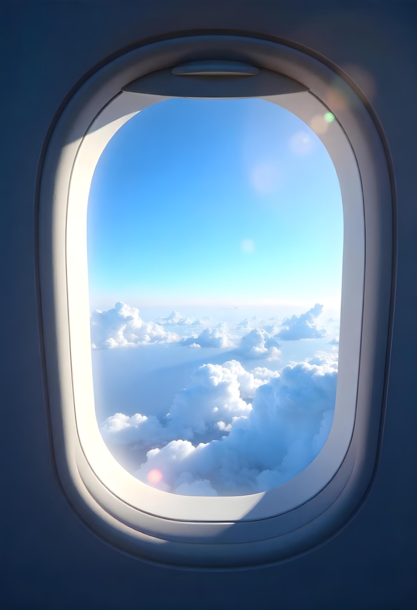 Airplane Window View With Blue Sky And White Clouds Bright Sunlight Shining Through The Clouds Creating A Sense Of Altitude And Freedom 9 E954
