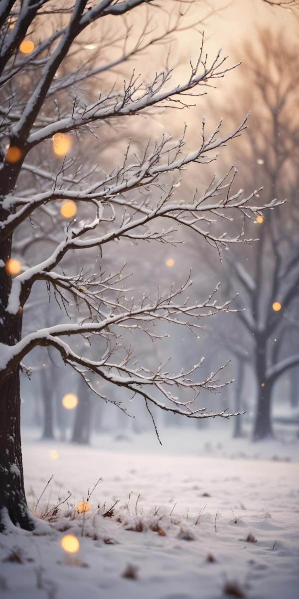 Blurred Winter Landscape With Falling Snow Bare Tree Branches And Warm Bokeh Lights In The Background 11 23e9