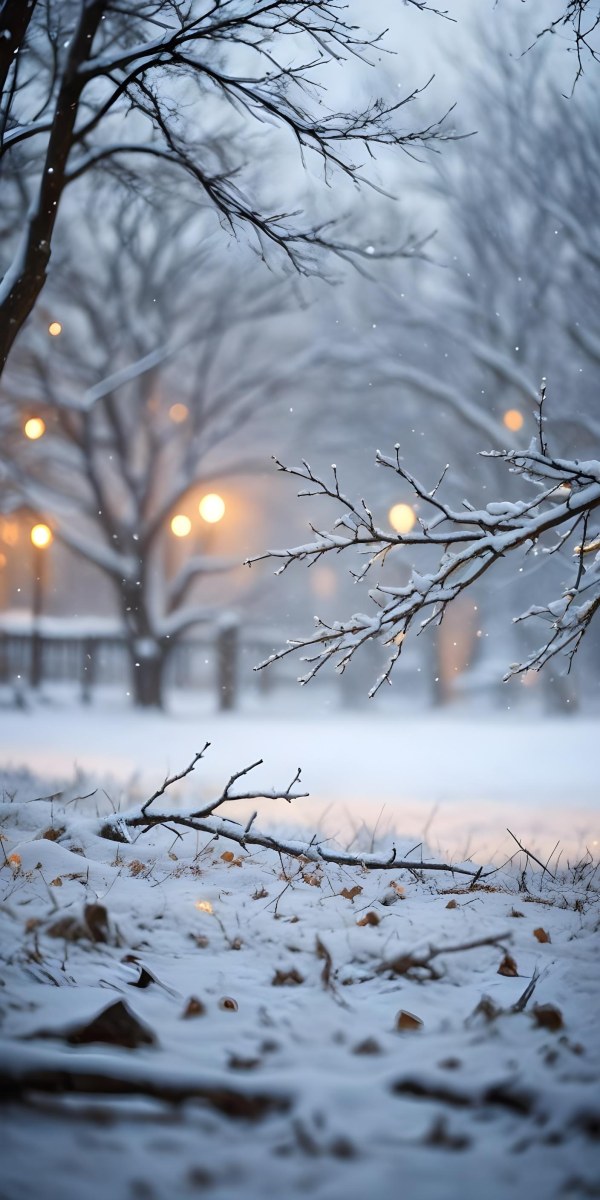 Blurred Winter Landscape With Falling Snow Bare Tree Branches And Warm Bokeh Lights In The Background 14 7137