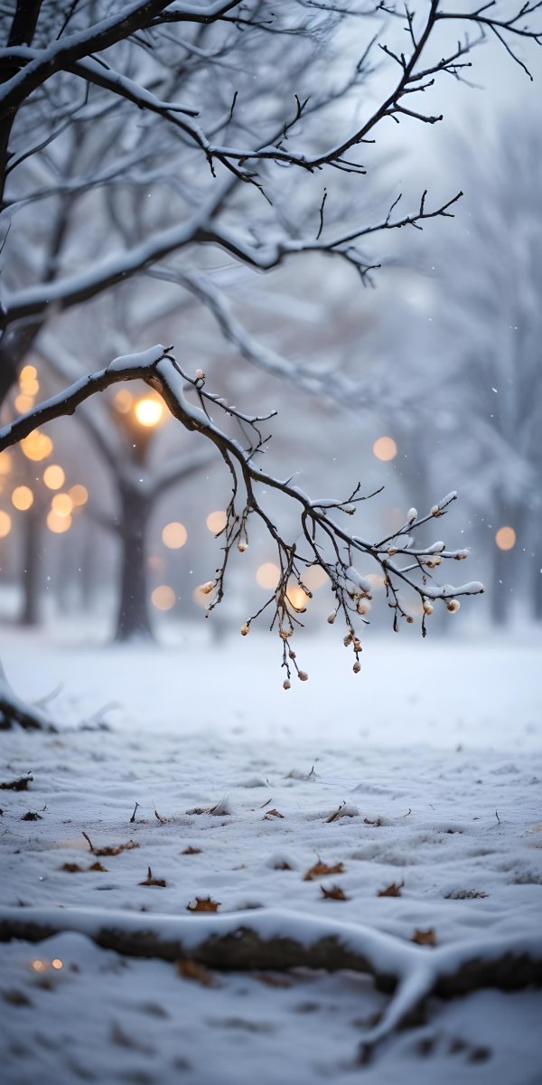 Blurred Winter Landscape With Falling Snow Bare Tree Branches And Warm Bokeh Lights In The Background 15 61ec