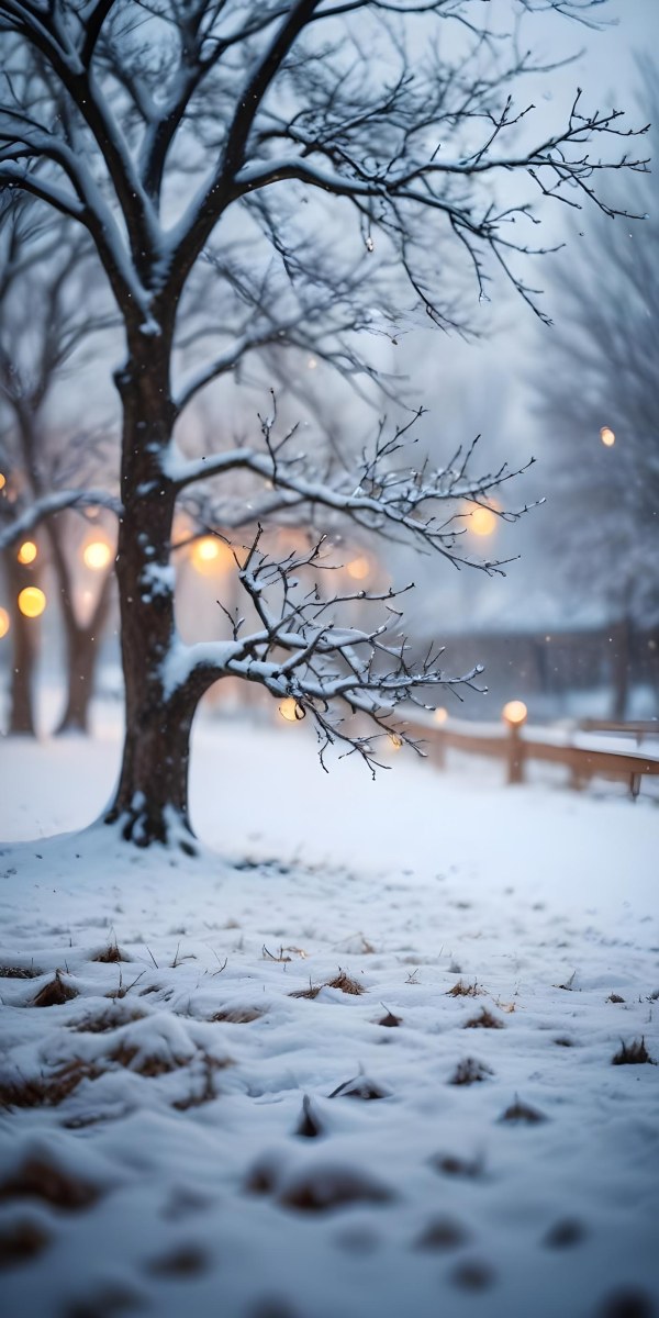 Blurred Winter Landscape With Falling Snow Bare Tree Branches And Warm Bokeh Lights In The Background 18 0f15