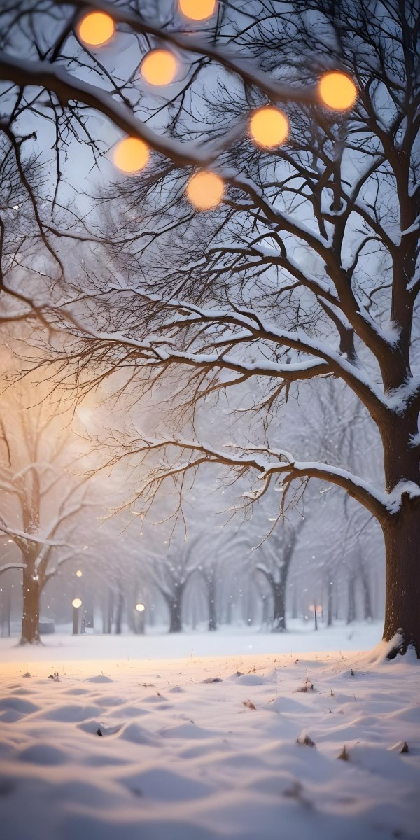 Blurred Winter Landscape With Falling Snow Bare Tree Branches And Warm Bokeh Lights In The Background 23 9942