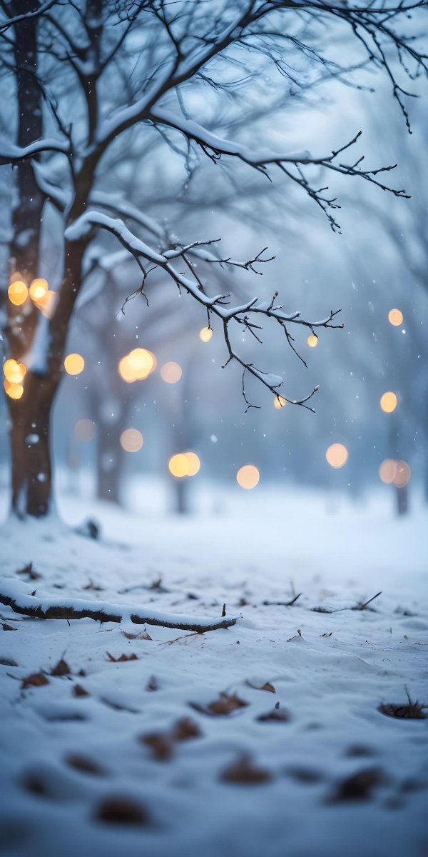 Blurred Winter Landscape With Falling Snow Bare Tree Branches And Warm Bokeh Lights In The Background 27 D869