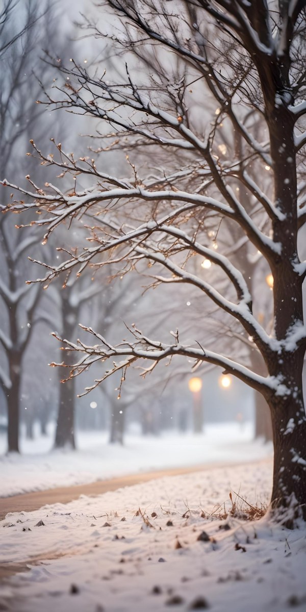 Blurred Winter Landscape With Falling Snow Bare Tree Branches And Warm Bokeh Lights In The Background 30 0749