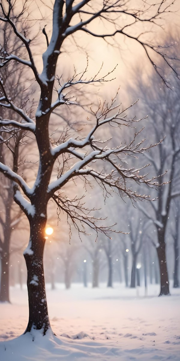 Blurred Winter Landscape With Falling Snow Bare Tree Branches And Warm Bokeh Lights In The Background 4 385e