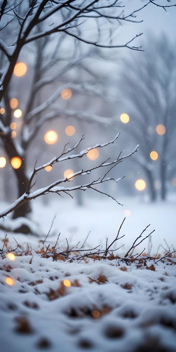Blurred Winter Landscape With Falling Snow Bare Tree Branches And Warm Bokeh Lights In The Background 42 B15c