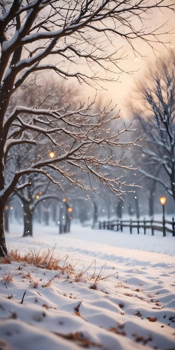 Blurred Winter Landscape With Falling Snow Bare Tree Branches And Warm Bokeh Lights In The Background 5 5e25