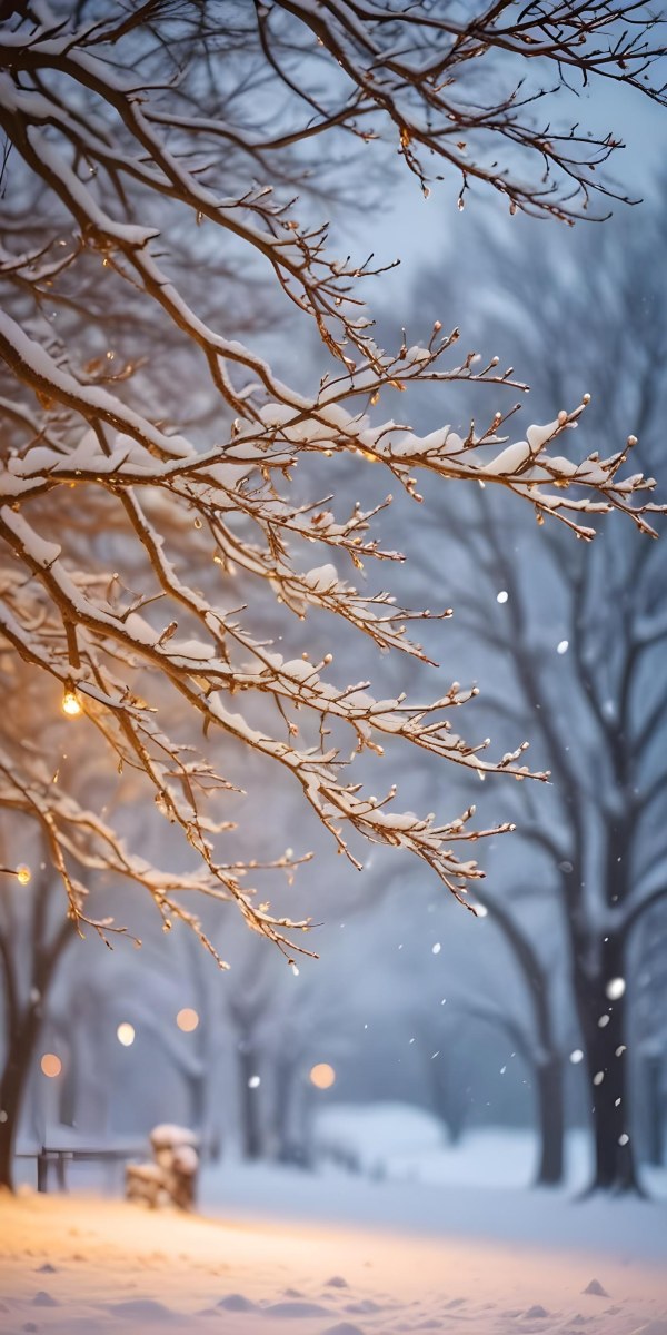 Blurred Winter Landscape With Falling Snow Bare Tree Branches And Warm Bokeh Lights In The Background 6 F1ae