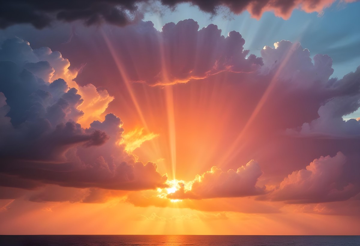 Bright Sun Rays Bursting Through Dramatic Clouds At Sunset With An Orange And Pink Sky Surrounded By Dark Storm Clouds And A Calm Ocean 11 03ef