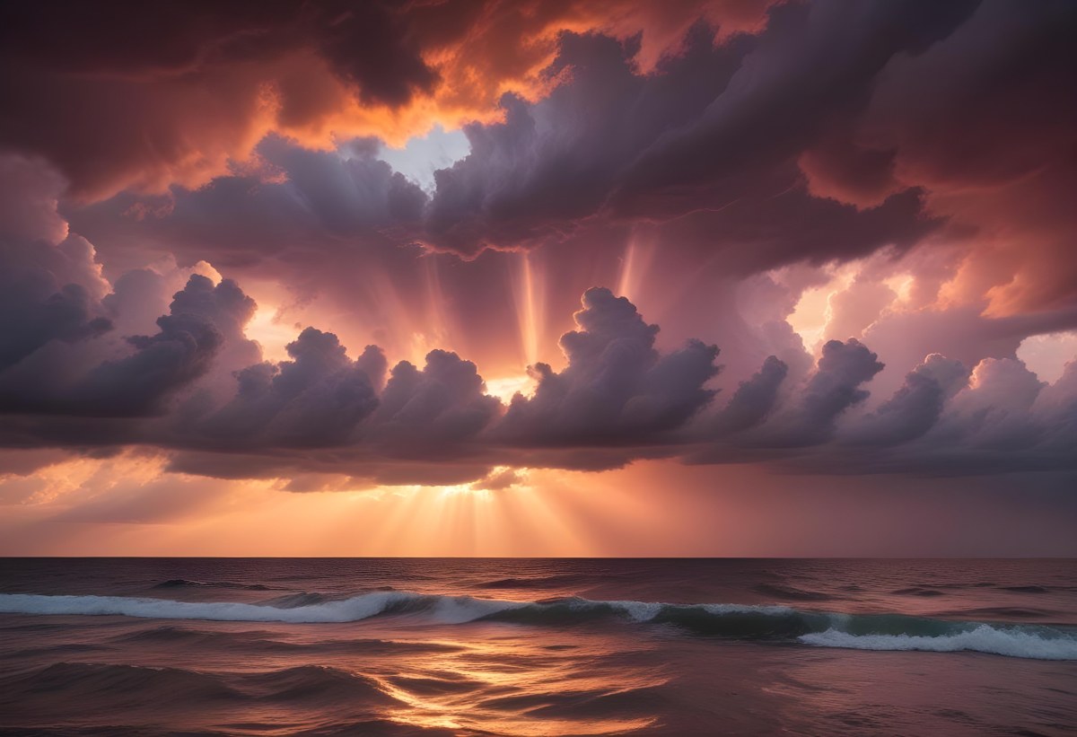 Bright Sun Rays Bursting Through Dramatic Clouds At Sunset With An Orange And Pink Sky Surrounded By Dark Storm Clouds And A Calm Ocean 12 9c8b
