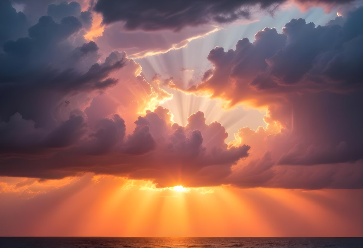 Bright Sun Rays Bursting Through Dramatic Clouds At Sunset With An Orange And Pink Sky Surrounded By Dark Storm Clouds And A Calm Ocean 15 34dd