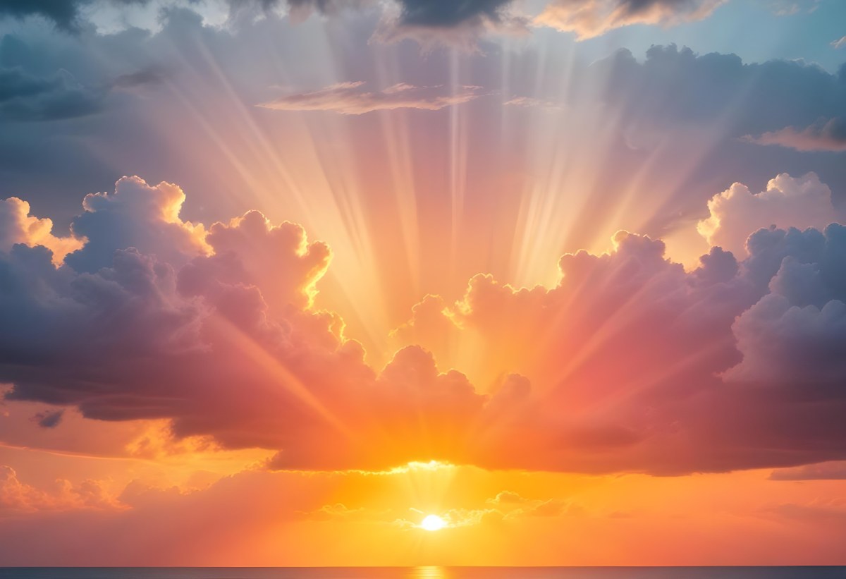 Bright Sun Rays Bursting Through Dramatic Clouds At Sunset With An Orange And Pink Sky Surrounded By Dark Storm Clouds And A Calm Ocean 16 5ec2