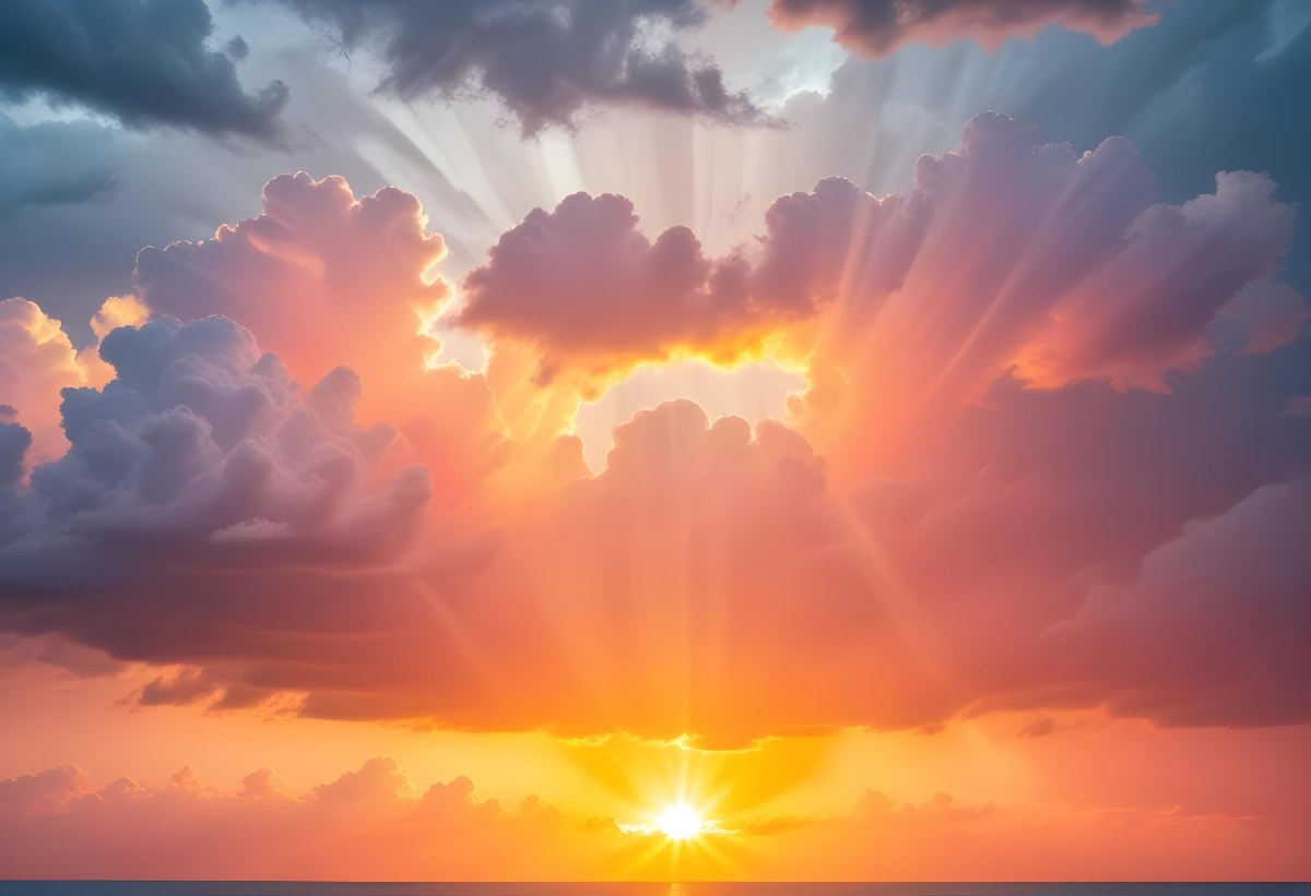 Bright Sun Rays Bursting Through Dramatic Clouds At Sunset With An Orange And Pink Sky Surrounded By Dark Storm Clouds And A Calm Ocean 19 E70b