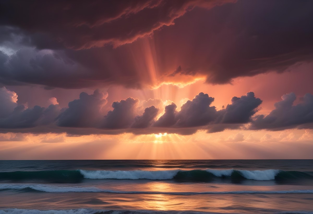Bright Sun Rays Bursting Through Dramatic Clouds At Sunset With An Orange And Pink Sky Surrounded By Dark Storm Clouds And A Calm Ocean 2 7761