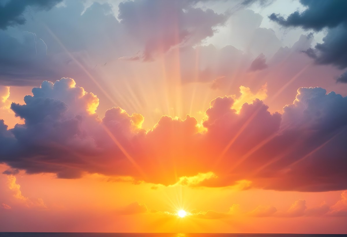 Bright Sun Rays Bursting Through Dramatic Clouds At Sunset With An Orange And Pink Sky Surrounded By Dark Storm Clouds And A Calm Ocean 22 1898
