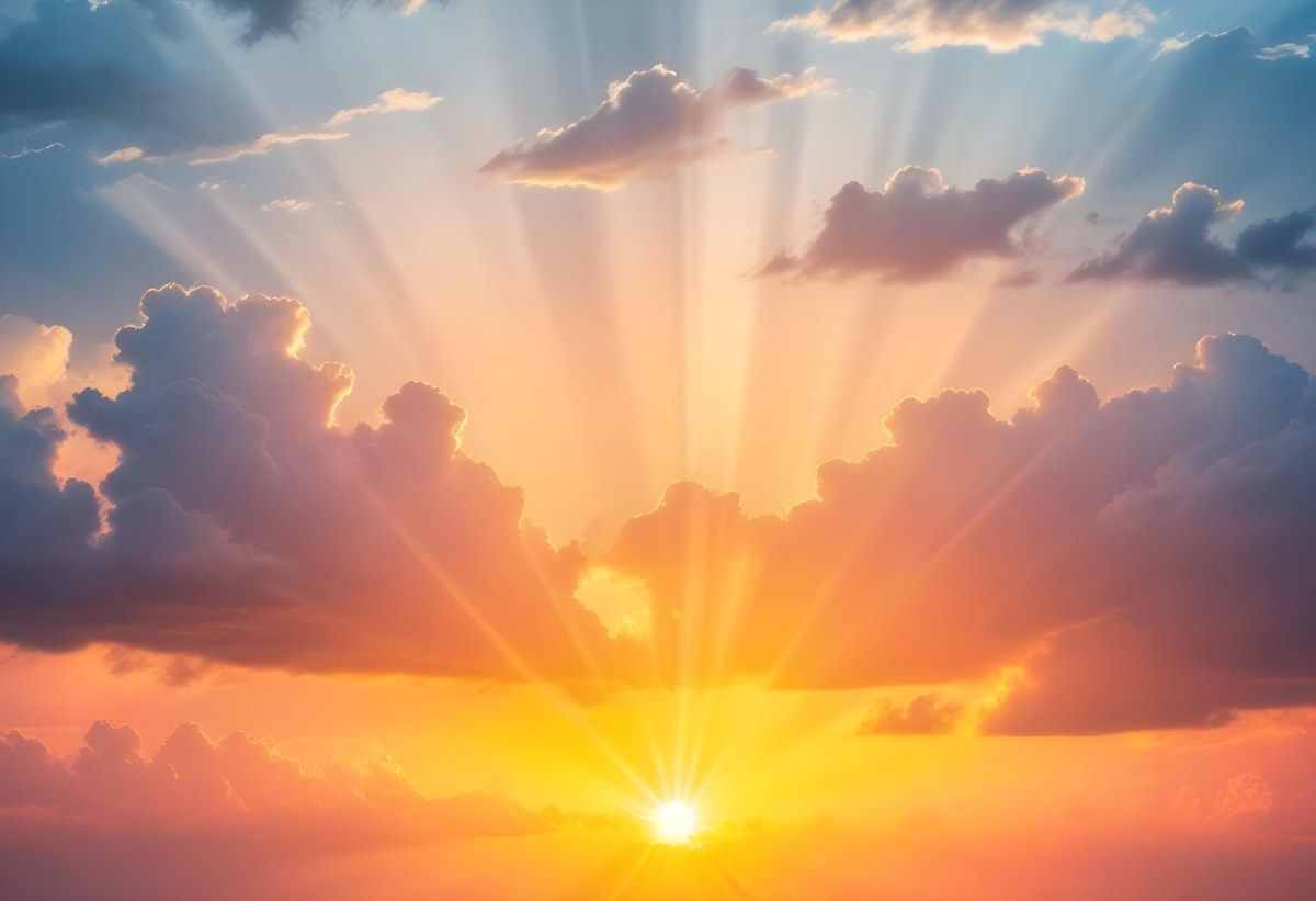 Bright Sun Rays Bursting Through Dramatic Clouds At Sunset With An Orange And Pink Sky Surrounded By Dark Storm Clouds And A Calm Ocean 23 1eb9