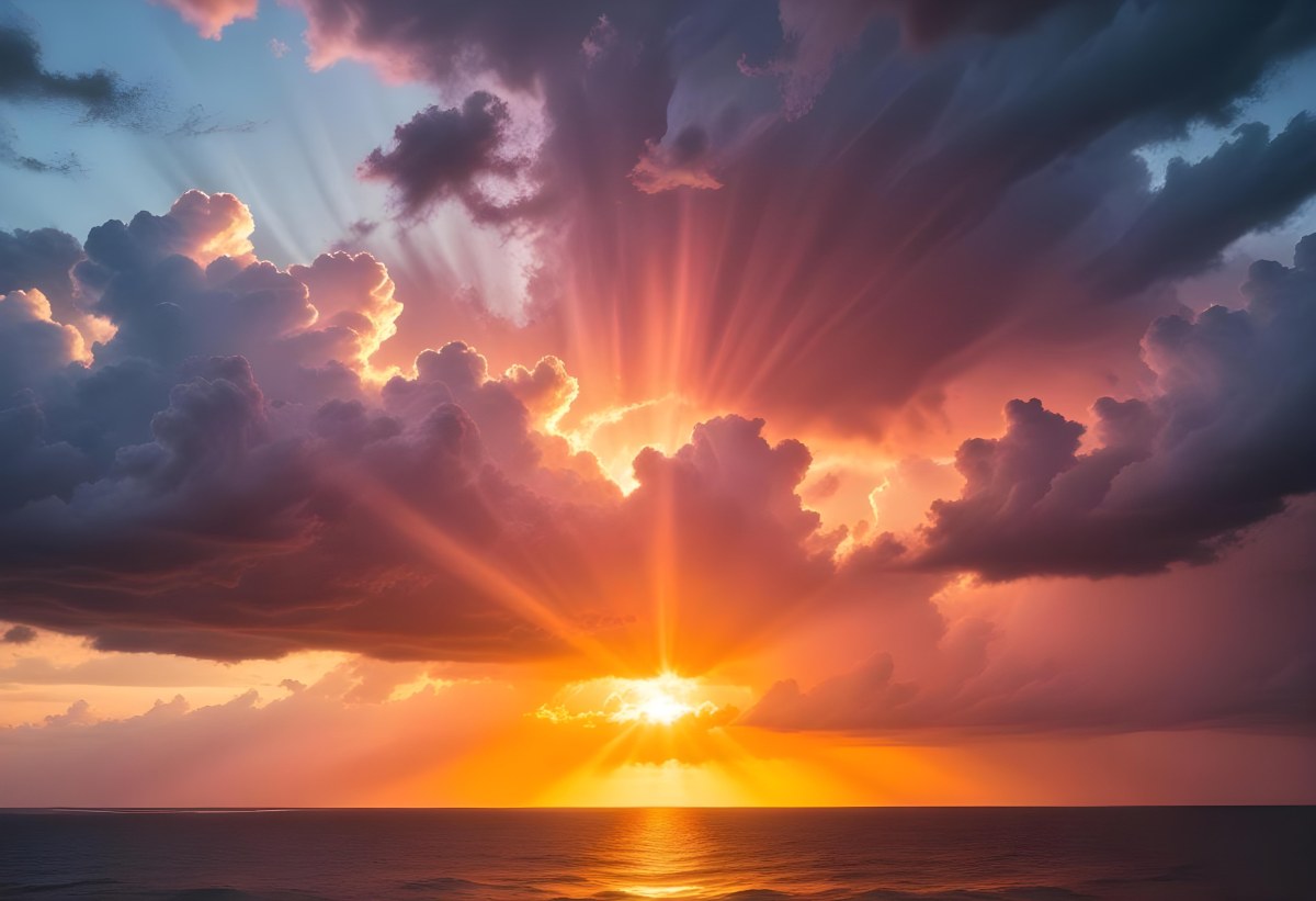 Bright Sun Rays Bursting Through Dramatic Clouds At Sunset With An Orange And Pink Sky Surrounded By Dark Storm Clouds And A Calm Ocean 3 7b8f