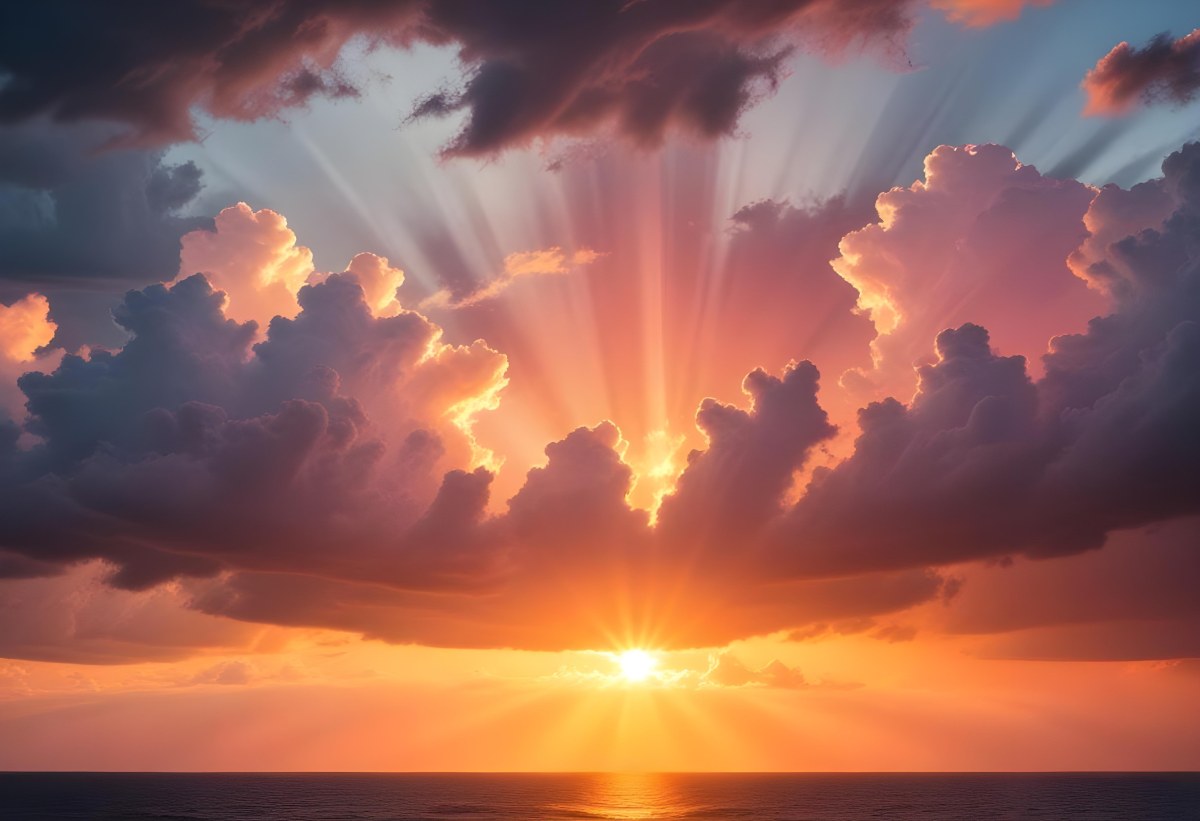 Bright Sun Rays Bursting Through Dramatic Clouds At Sunset With An Orange And Pink Sky Surrounded By Dark Storm Clouds And A Calm Ocean 5 Da7a