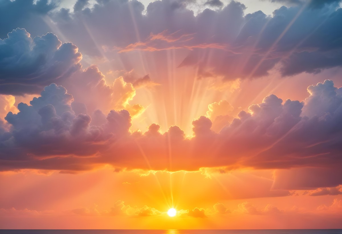 Bright Sun Rays Bursting Through Dramatic Clouds At Sunset With An Orange And Pink Sky Surrounded By Dark Storm Clouds And A Calm Ocean 6 069e