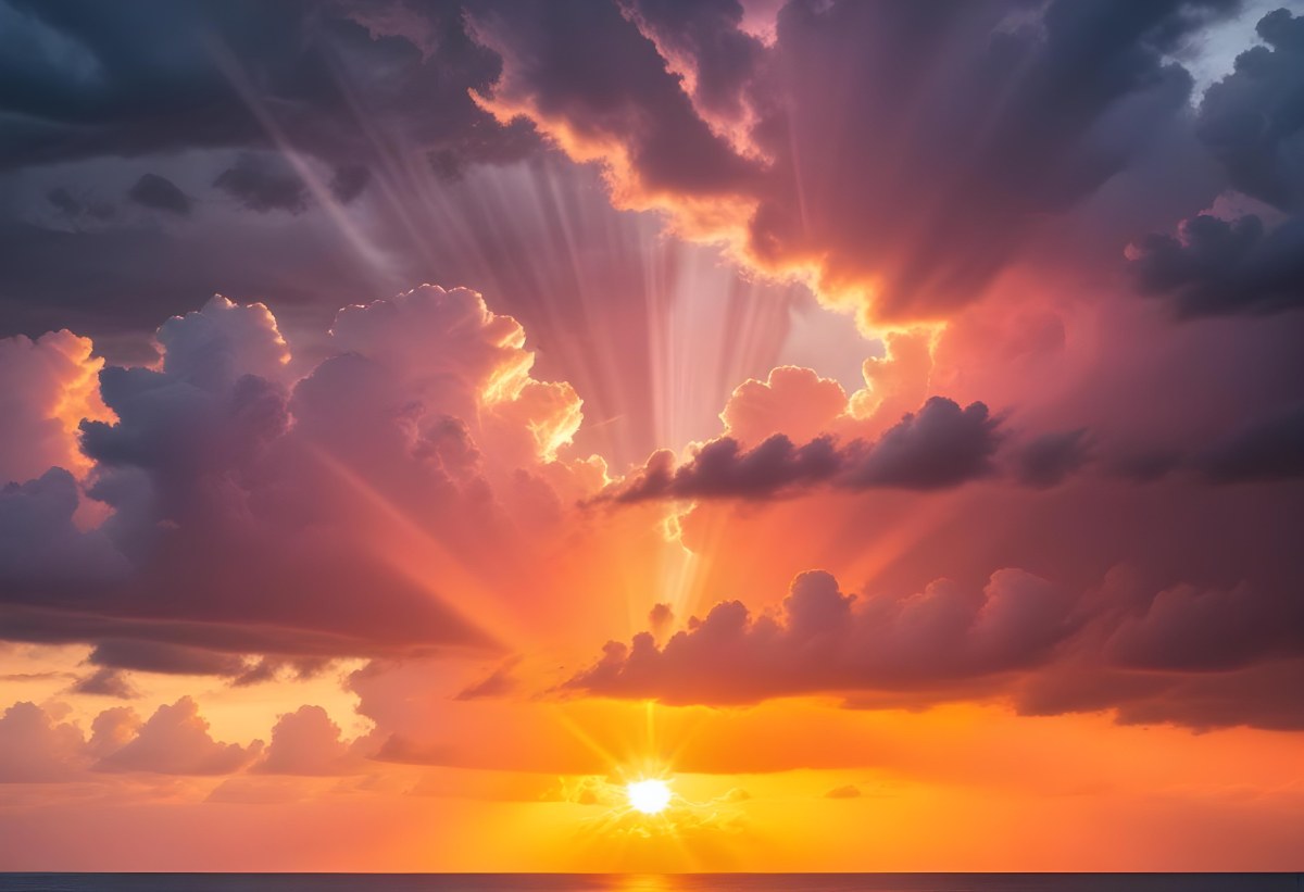 Bright Sun Rays Bursting Through Dramatic Clouds At Sunset