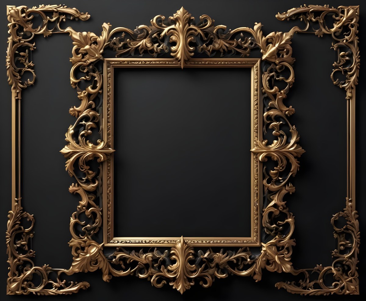 3d Model A Black And Gold Ornate Frame With Ornate Corners A Classic Design And A Black Background Figure Octane Render Volumetric Highly Detailed Videogame Aesthetic 9 9af6