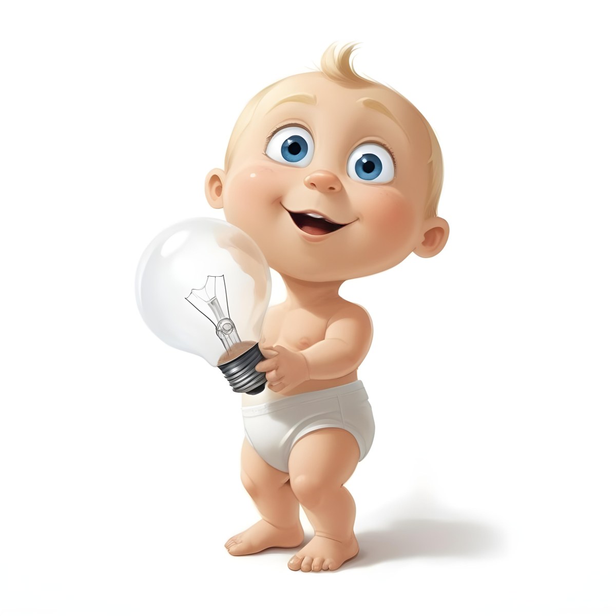 3d Model A Cartoon Baby With Light Blonde Hair And Large Blue Eyes Smiling While Holding A Light Bulb The Baby Is Wearing A Simple White Diaper And Is Set Against A Plain White Background Figure Octane Render Volum 5 362f