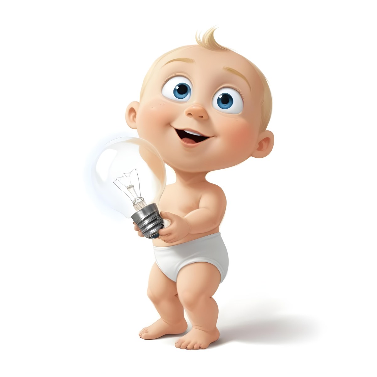 3d Model A Cartoon Baby With Light Blonde Hair And Large Blue Eyes Smiling While Holding A Light Bulb The Baby Is Wearing A Simple White Diaper And Is Set Against A Plain White Background Figure Octane Render Volum 6 A282