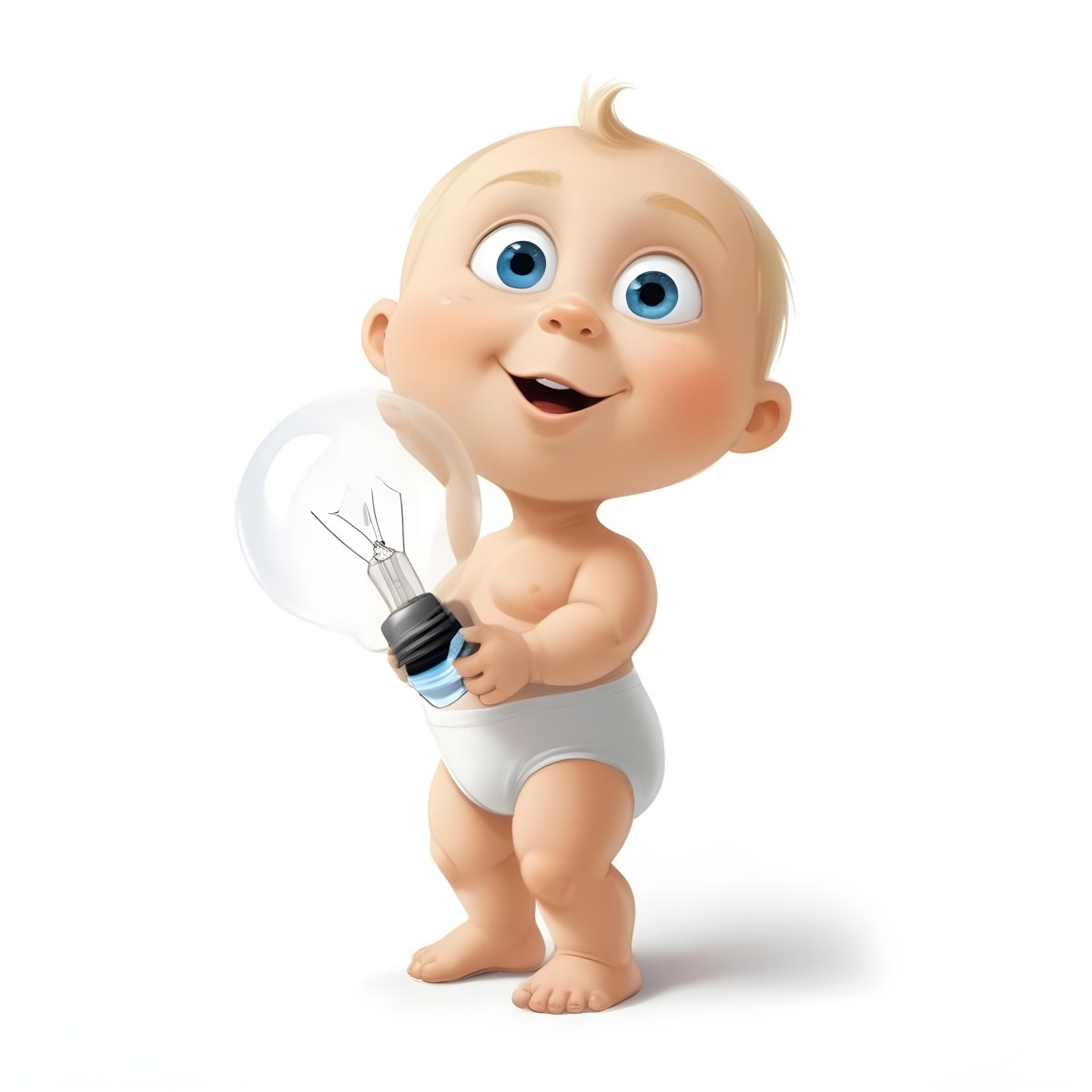 3d Model A Cartoon Baby With Light Blonde Hair And Large Blue Eyes Smiling While Holding A Light Bulb The Baby Is Wearing A Simple White Diaper And Is Set Against A Plain White Background Figure Octane Render Volum 7 44b1