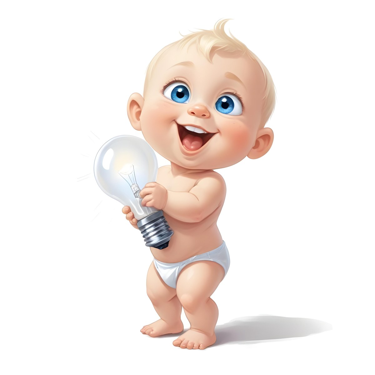 3d Model A Cartoon Baby With Light Blonde Hair And Large Blue Eyes Smiling While Holding A Light Bulb The Baby Is Wearing A Simple White Diaper And Is Set Against A Plain White Background Figure Octane Render Volum 9 78e9