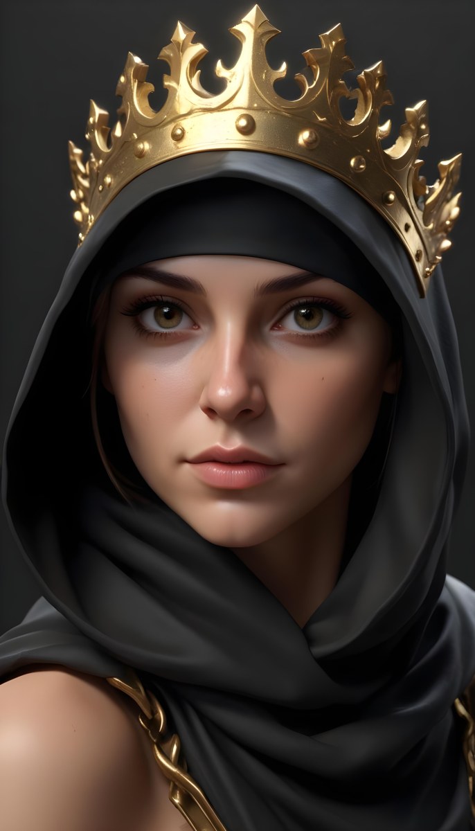 3d Model A Caucasian Woman 30 Years Old With A Black Hood And A Golden Crown Dark Background Figure Octane Render Volumetric Highly Detailed Videogame Aesthetic 16 E97e