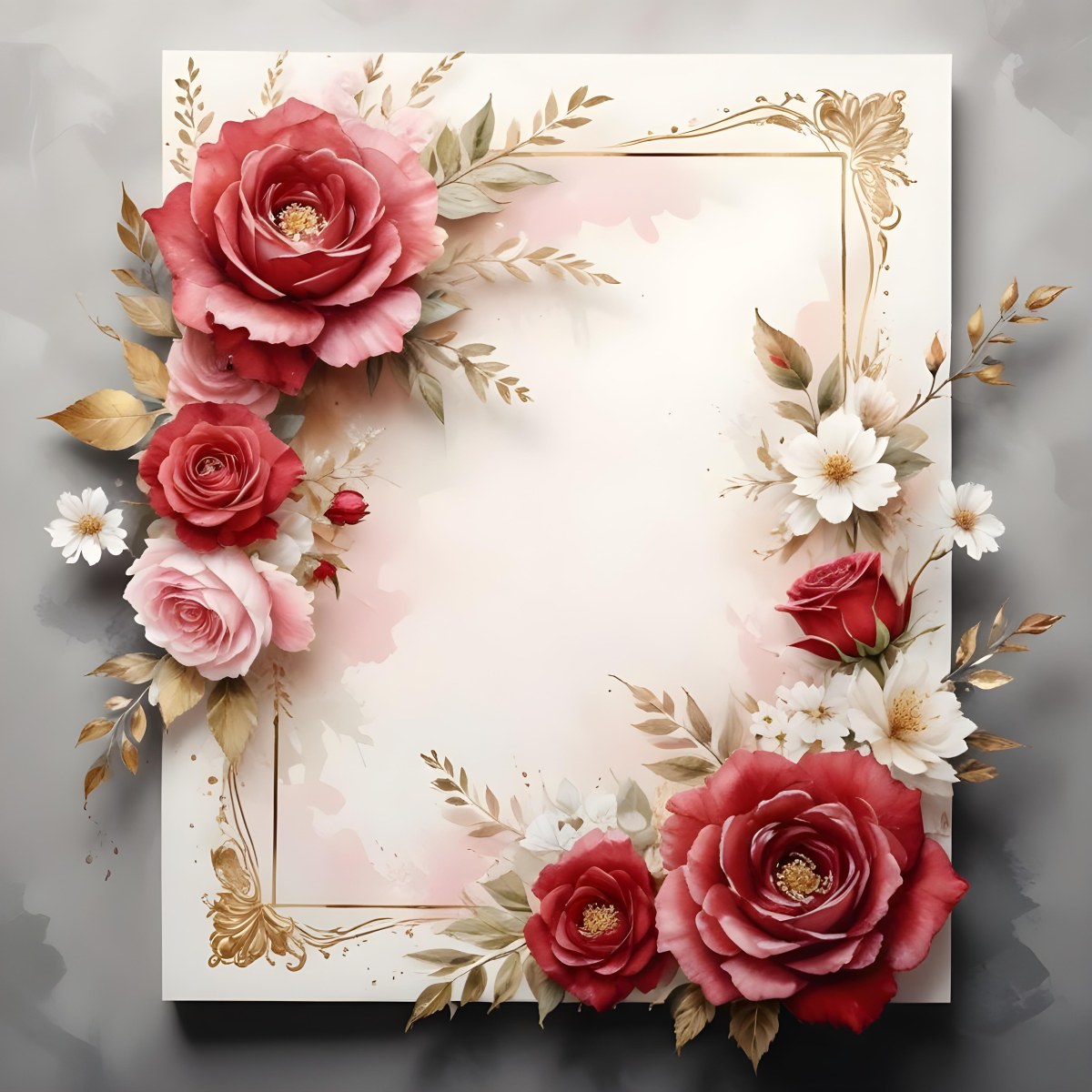 3d Model A Decorative Floral Frame With Large Red And Pink Roses Delicate White Flowers And Gold Accents On A Light Background Figure Octane Render Volumetric Highly Detailed Videogame Aesthetic 17 3671