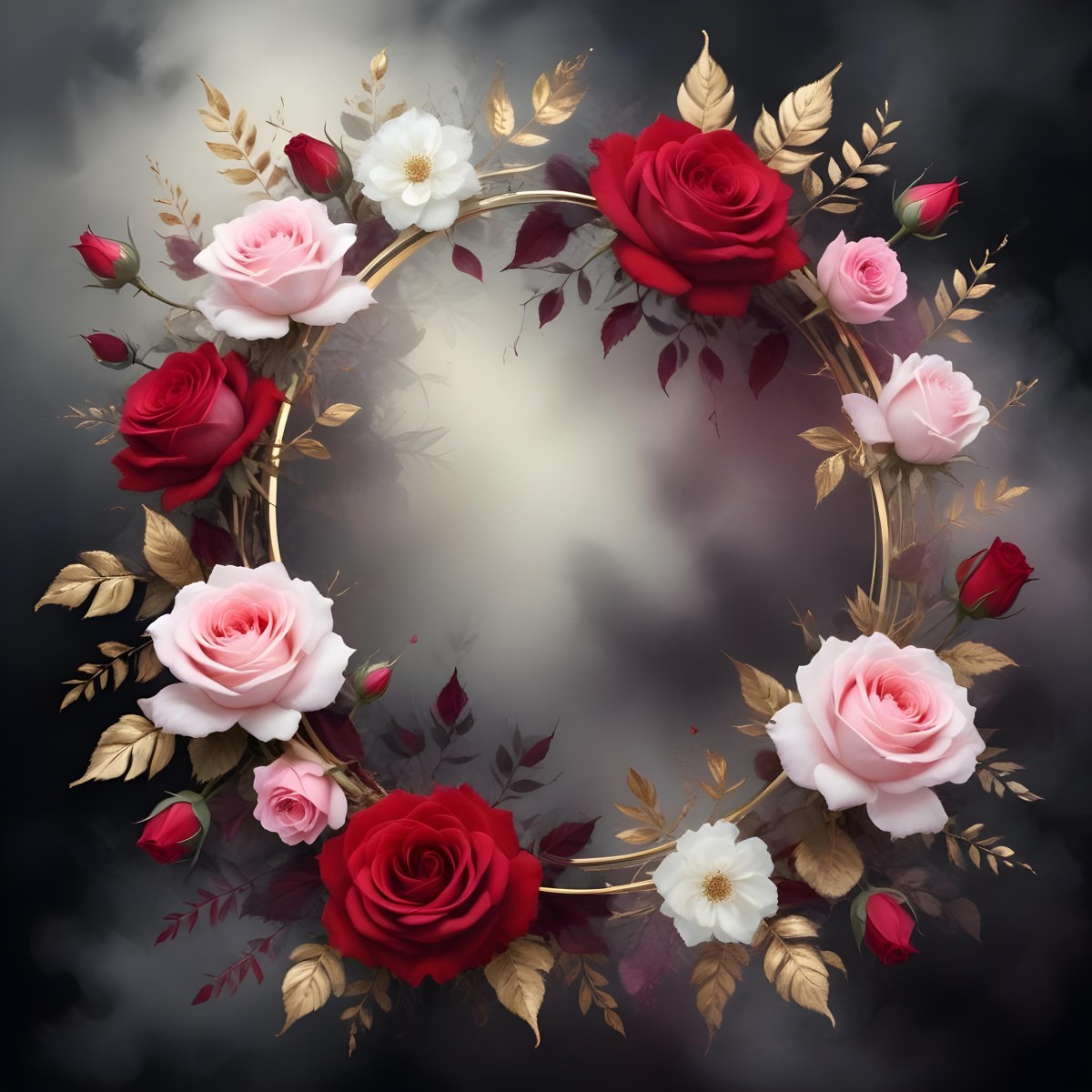 3d Model A Decorative Floral Frame With Large Red And Pink Roses Delicate White Flowers And Gold Accents On A Light Background Figure Octane Render Volumetric Highly Detailed Videogame Aesthetic 54 275e