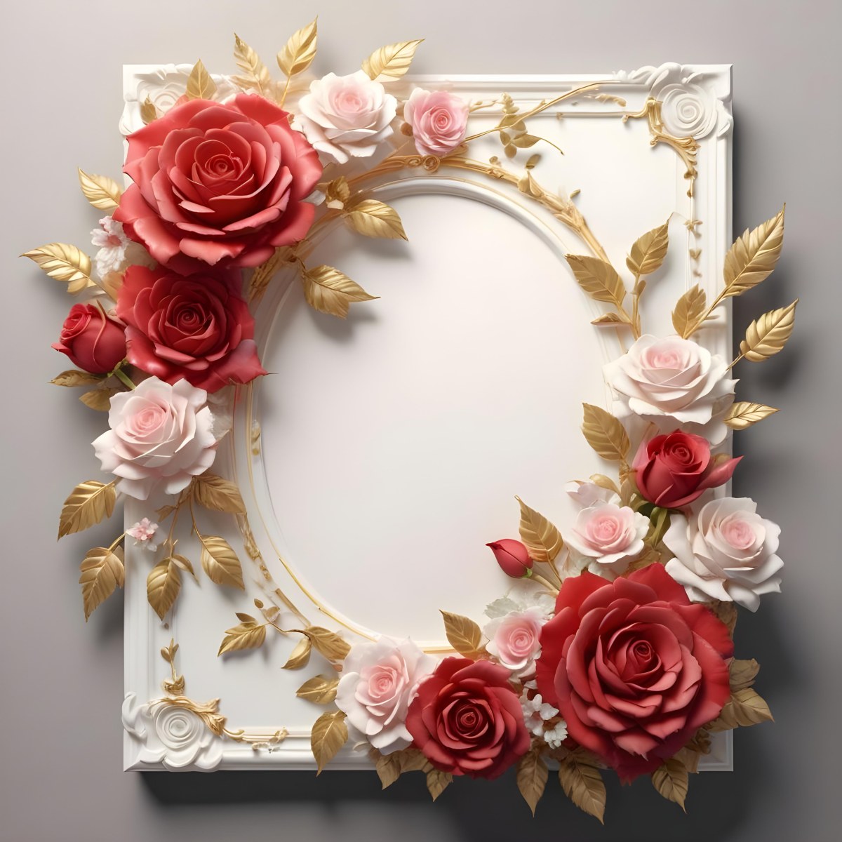 3d Model A Decorative Floral Frame With Large Red And Pink Roses Delicate White Flowers And Gold Accents On A Light Background Figure Octane Render Volumetric Highly Detailed Videogame Aesthetic 63 0fc2