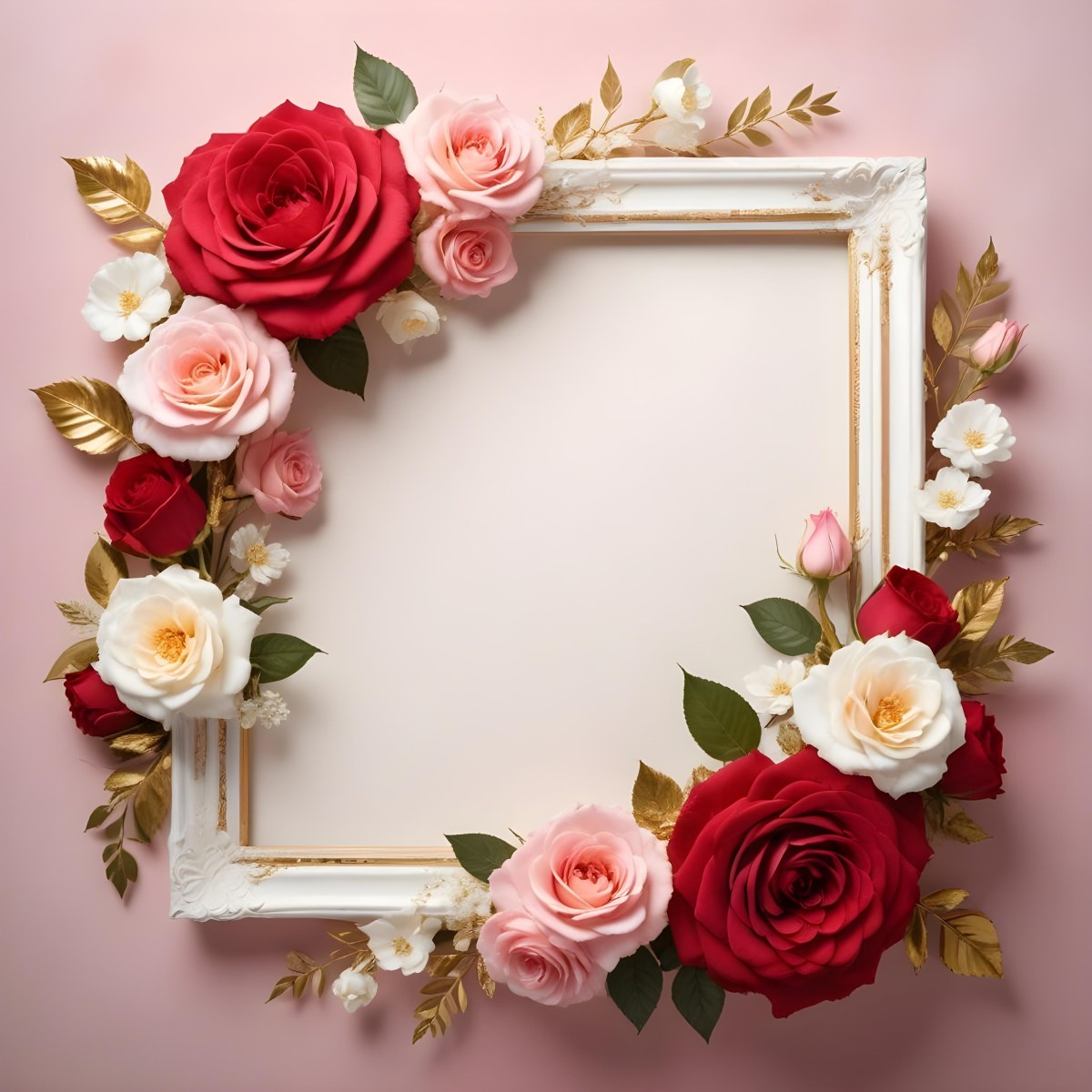 3d Model A Decorative Floral Frame With Large Red And Pink Roses Delicate White Flowers And Gold Accents On A Light Background Figure Octane Render Volumetric Highly Detailed Videogame Aesthetic 67 D7b7