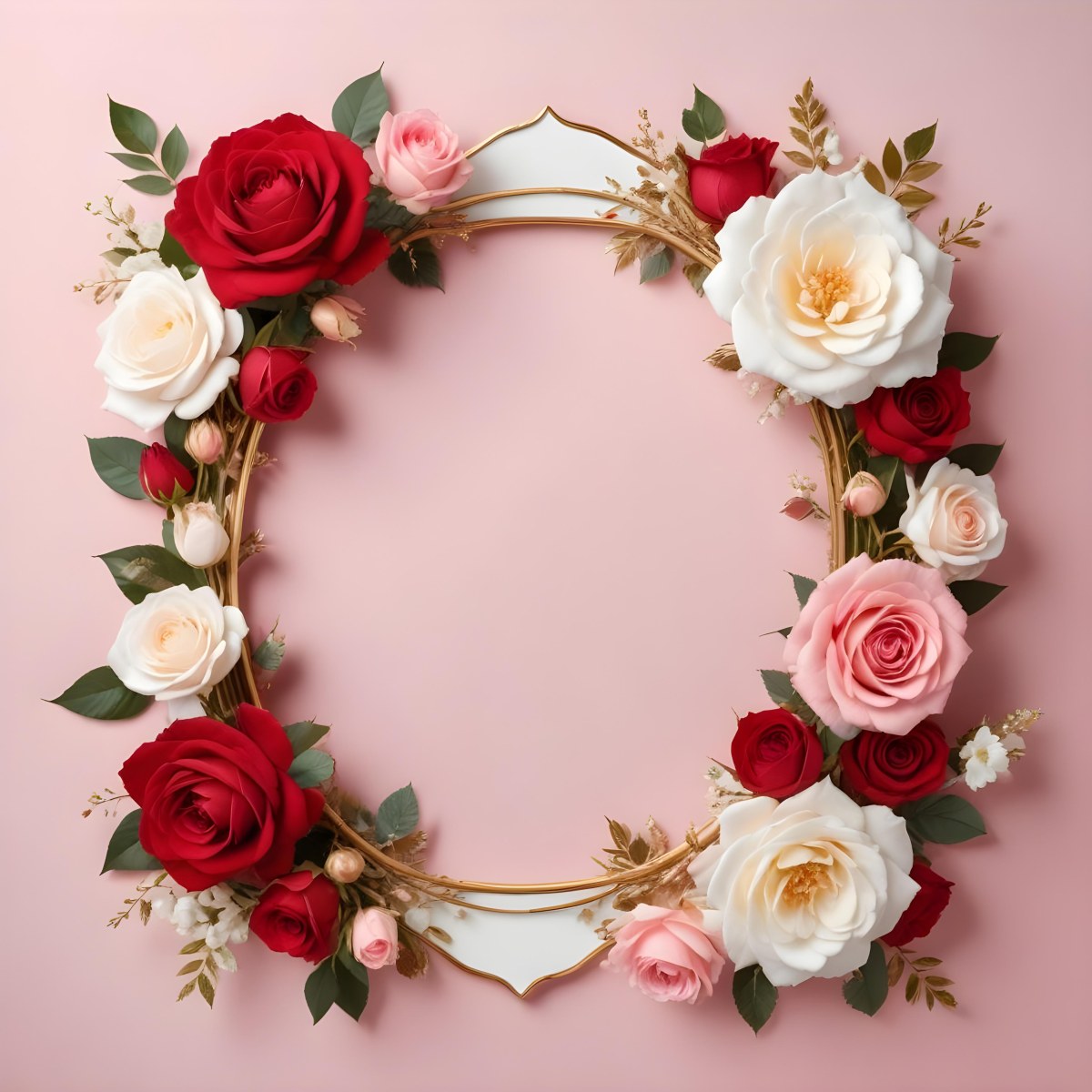 3d Model A Decorative Floral Frame With Large Red And Pink Roses Delicate White Flowers And Gold Accents On A Light Background Figure Octane Render Volumetric Highly Detailed Videogame Aesthetic 68 0416