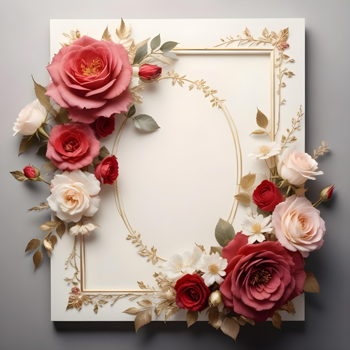 3d Model A Decorative Floral Frame With Large Red And Pink Roses Delicate White Flowers And Gold Accents On A Light Background Figure Octane Render Volumetric Highly Detailed Videogame Aesthetic 73 5d5f