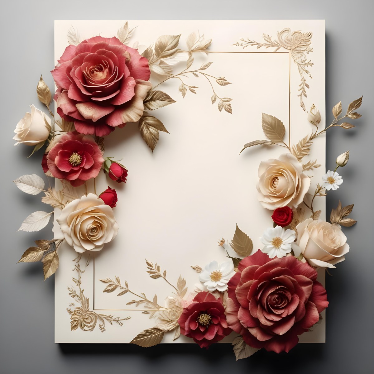 3d Model A Decorative Floral Frame With Large Red And Pink Roses Delicate White Flowers And Gold Accents On A Light Background Figure Octane Render Volumetric Highly Detailed Videogame Aesthetic 74 0708