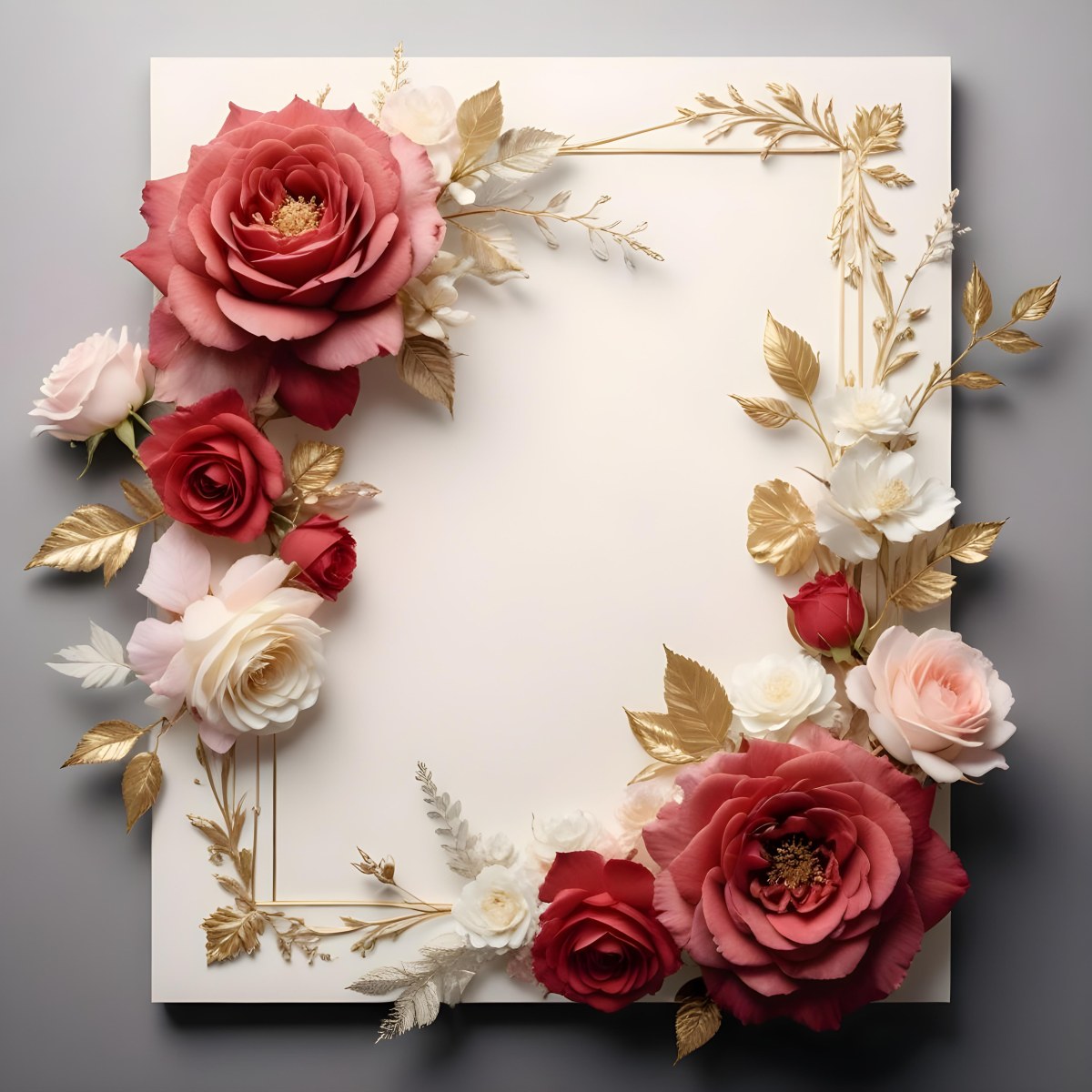 3d Model A Decorative Floral Frame With Large Red And Pink Roses Delicate White Flowers And Gold Accents On A Light Background Figure Octane Render Volumetric Highly Detailed Videogame Aesthetic 77 A13d