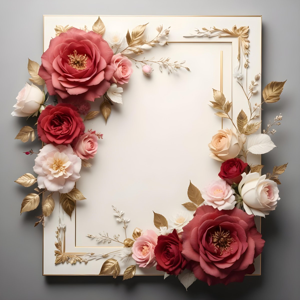 3d Model A Decorative Floral Frame With Large Red And Pink Roses Delicate White Flowers And Gold Accents On A Light Background Figure Octane Render Volumetric Highly Detailed Videogame Aesthetic 78 A930