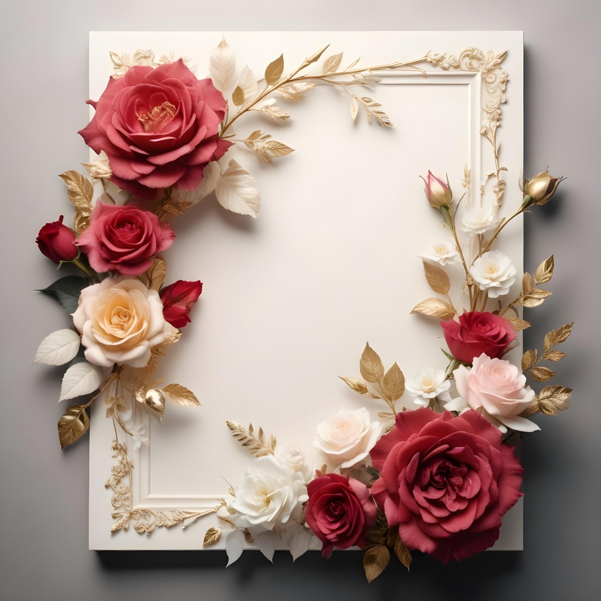 3d Model A Decorative Floral Frame With Large Red And Pink Roses Delicate White Flowers And Gold Accents On A Light Background Figure Octane Render Volumetric Highly Detailed Videogame Aesthetic 80 5a48