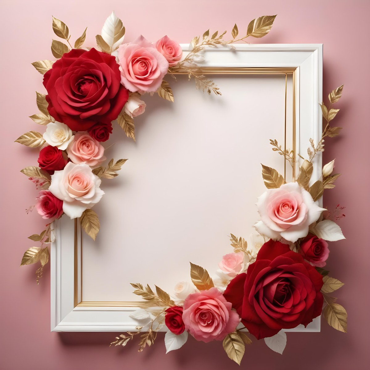 3d Model A Decorative Floral Frame With Large Red And Pink Roses Delicate White Flowers And Gold Accents On A Light Background Figure Octane Render Volumetric Highly Detailed Videogame Aesthetic 83 2780