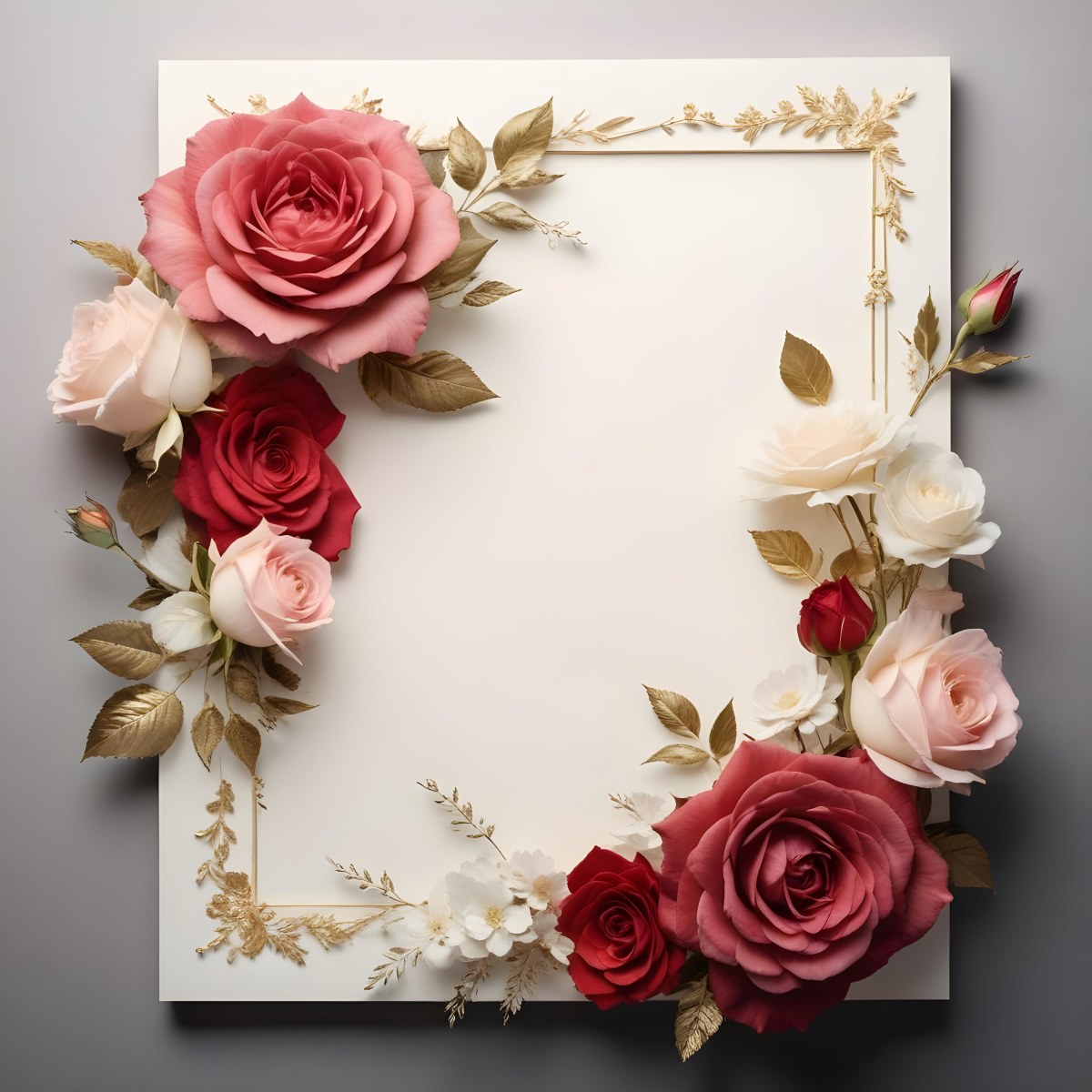 3d Model A Decorative Floral Frame With Large Red And Pink Roses Delicate White Flowers And Gold Accents On A Light Background Figure Octane Render Volumetric Highly Detailed Videogame Aesthetic 86 733f