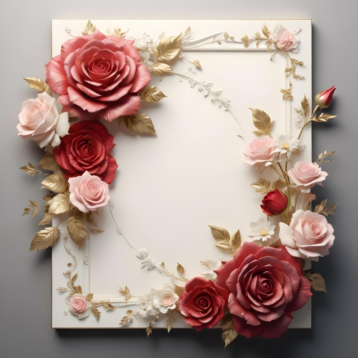 3d Model A Decorative Floral Frame With Large Red And Pink Roses Delicate White Flowers And Gold Accents On A Light Background Figure Octane Render Volumetric Highly Detailed Videogame Aesthetic 87 F464
