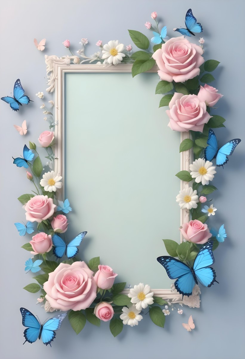 3d Model A Floral Frame With Pink Roses White Flowers And Blue Butterflies On A Soft Pastel Background Figure Octane Render Volumetric Highly Detailed Videogame Aesthetic 27 C9a1