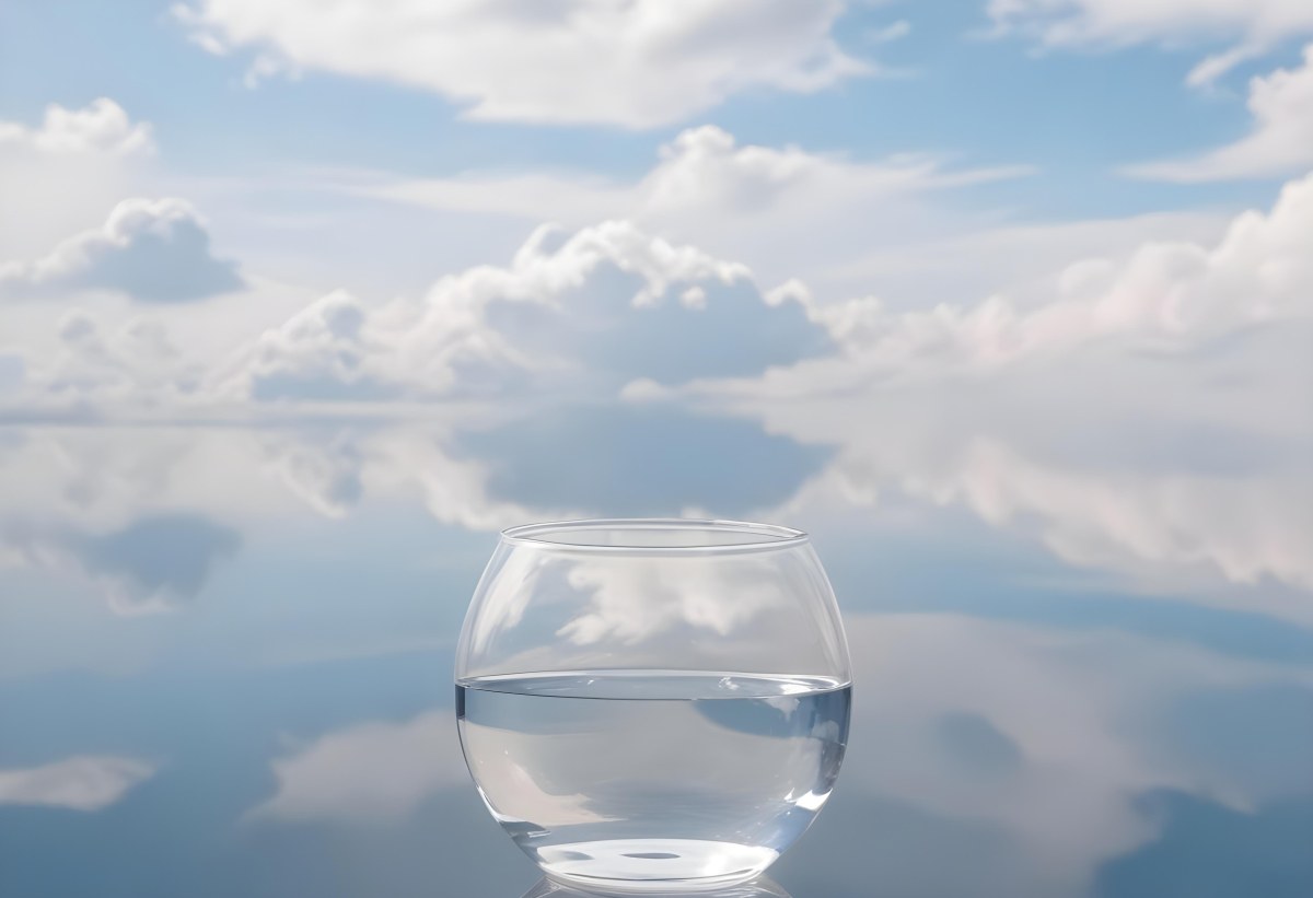 3d Model A Glass Bowl With Water Half Full In Front Of A Blue Sky With White Clouds Clear And Bright Minimalist Composition Figure Octane Render Volumetric Highly Detailed Videogame Aesthetic 21 8b4c