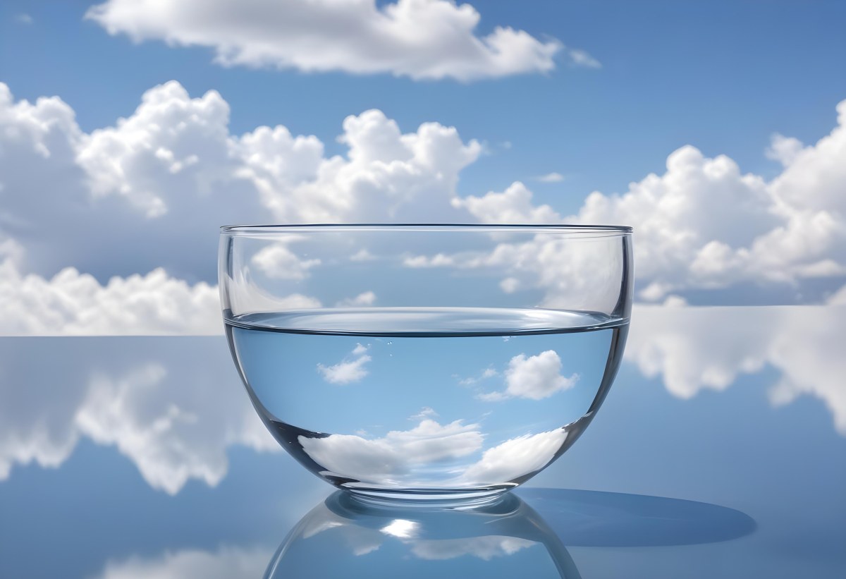 3d Model A Glass Bowl With Water Half Full In Front Of A Blue Sky With White Clouds Clear And Bright Minimalist Composition Figure Octane Render Volumetric Highly Detailed Videogame Aesthetic 24 9300