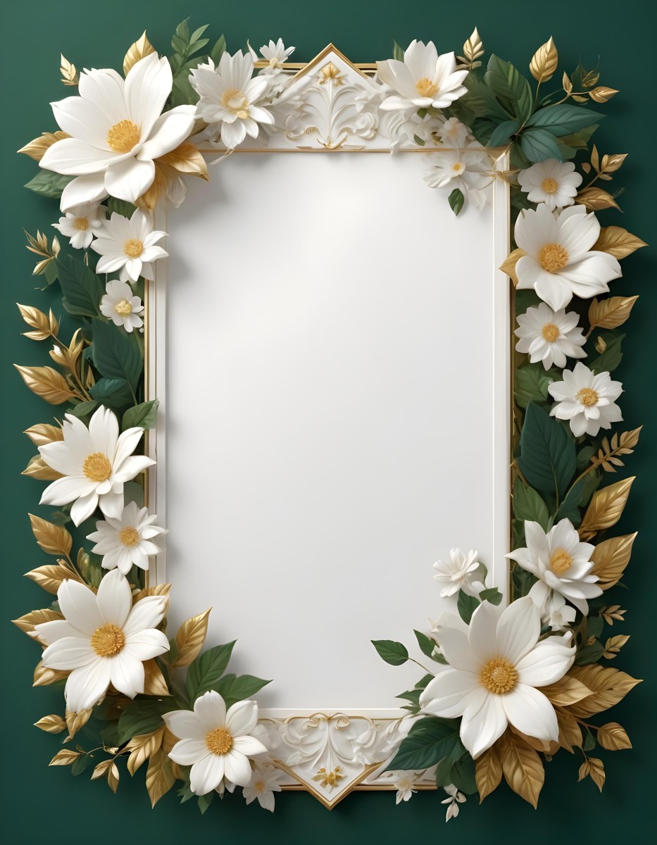 3d Model A White Floral Frame With Gold Accents On A Dark Green Background Featuring Large White Flowers Leaves And Geometric Patterns Figure Octane Render Volumetric Highly Detailed Videogame Aesthetic 10 1e63