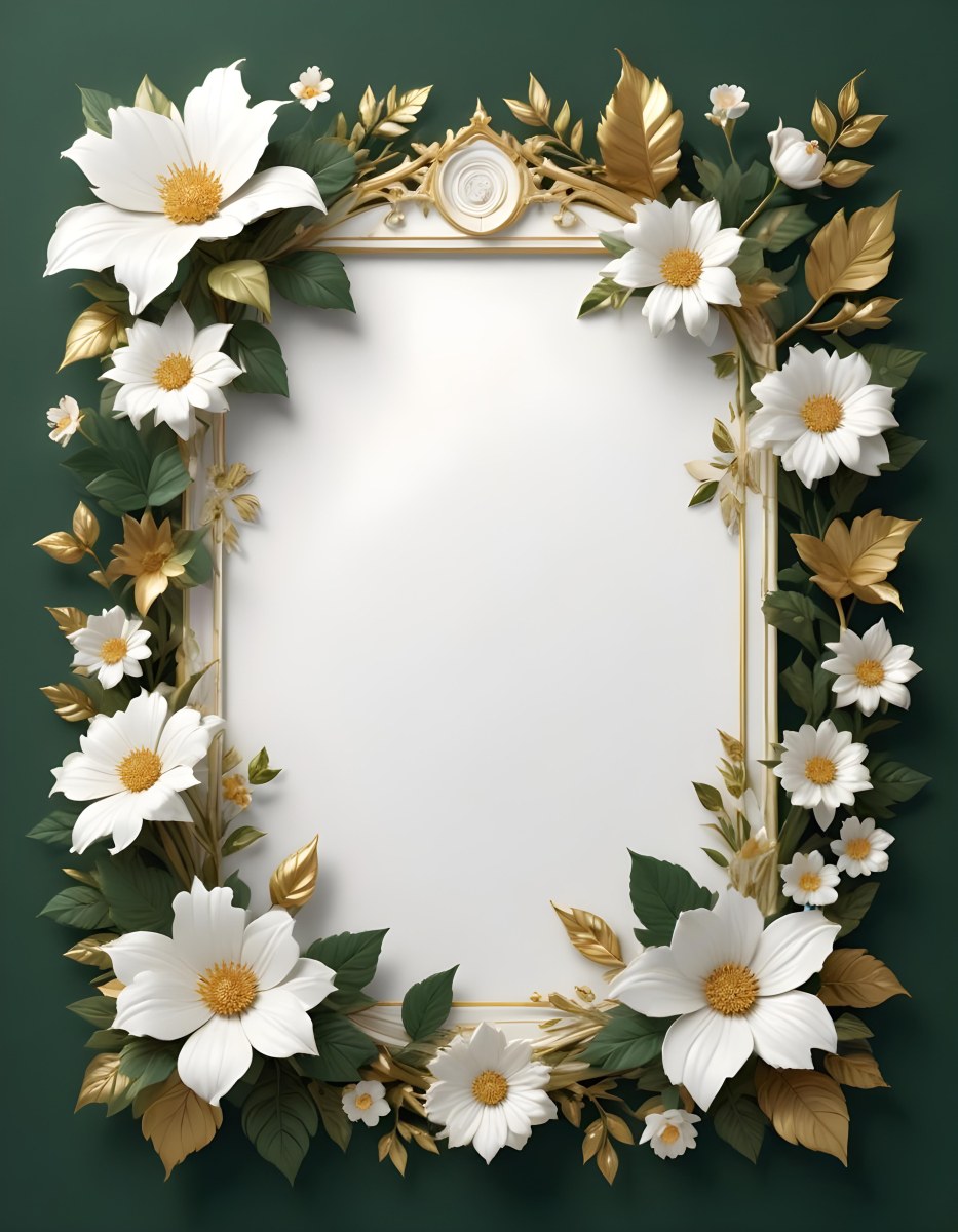 3d Model A White Floral Frame With Gold Accents On A Dark Green Background Featuring Large White Flowers Leaves And Geometric Patterns Figure Octane Render Volumetric Highly Detailed Videogame Aesthetic 14 2ba5