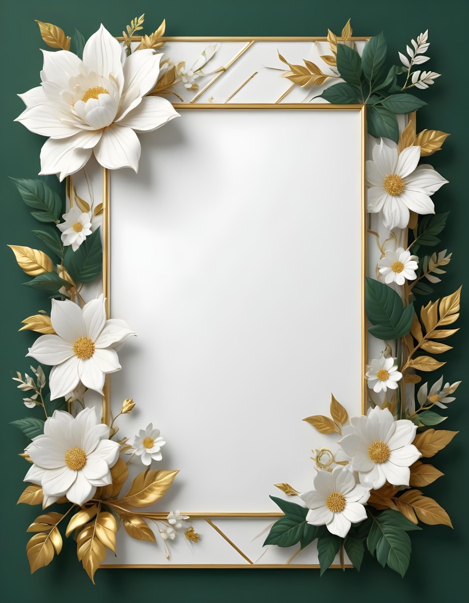 3d Model A White Floral Frame With Gold Accents On A Dark Green Background Featuring Large White Flowers Leaves And Geometric Patterns Figure Octane Render Volumetric Highly Detailed Videogame Aesthetic 34 13d5