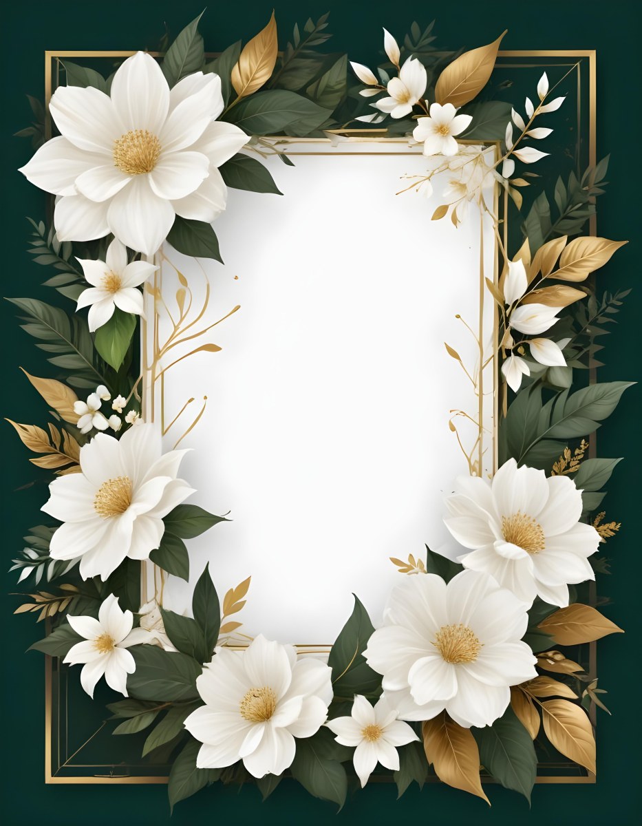 3d Model A White Floral Frame With Gold Accents On A Dark Green Background Featuring Large White Flowers Leaves And Geometric Patterns Figure Octane Render Volumetric Highly Detailed Videogame Aesthetic 36 Fc75